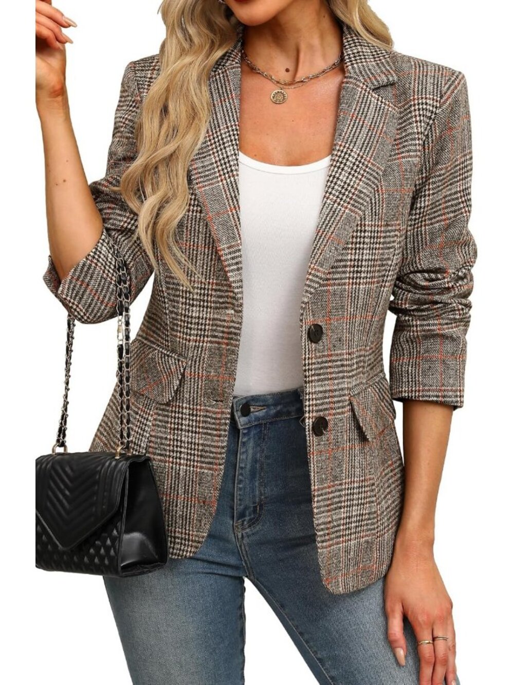 Chic Women's Plaid Blazer - Business Casual Work Jacket for Office Style